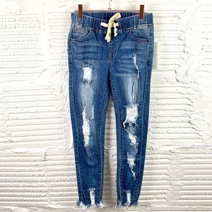 American Bazi NWT Tie Waist Distressed Raw Hem Pull On Denim Jogger Size Small